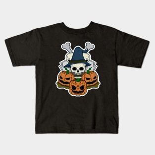 Halloween : Skull with Hat Wizard and Pumpkin Emoji Kids T-Shirt